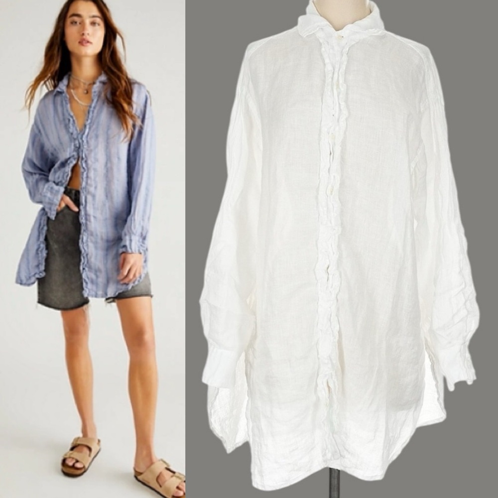 Free People X CP SHADES Dani White Ruffle Tunic Button Down